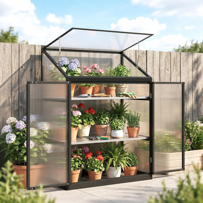Outsunny Polycarbonate Greenhouse with Roof Vent and Doors, Black