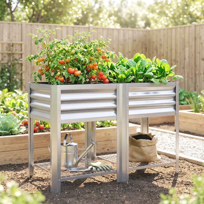 Outsunny Raised Garden Bed with Storage Shelf 31.5\", Silver