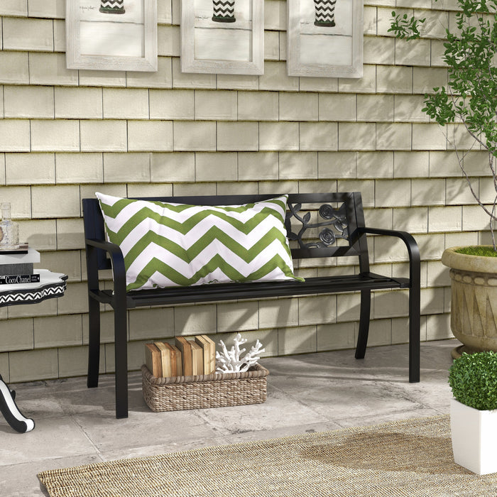 Outsunny Outdoor Bench With Floral Pattern Backrest, Patio Loveseat, Black