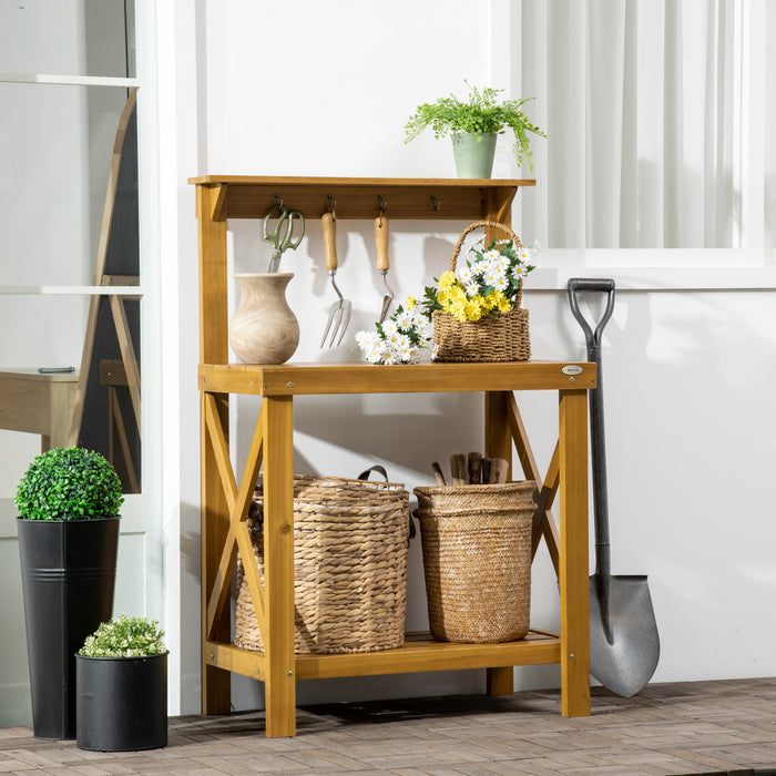Outsunny 2-level Potting Bench Table With Storage Shelf And Top Hooks