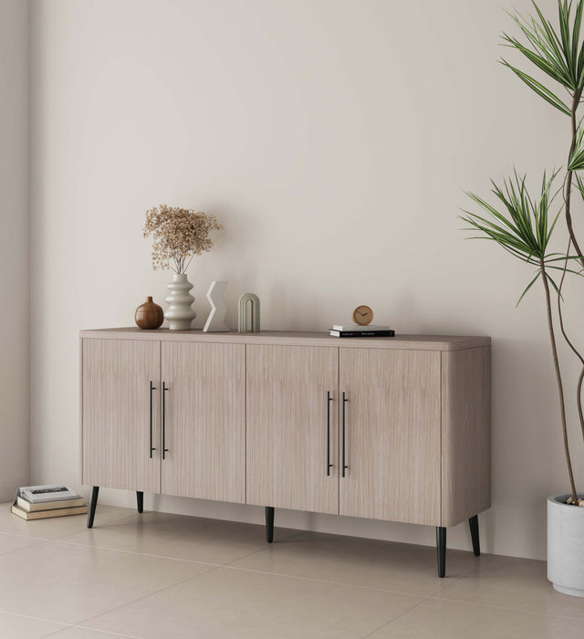 Jodie Mid-Century Modern 65\" Fluted Sideboard in Whitewashed Oak Buffet