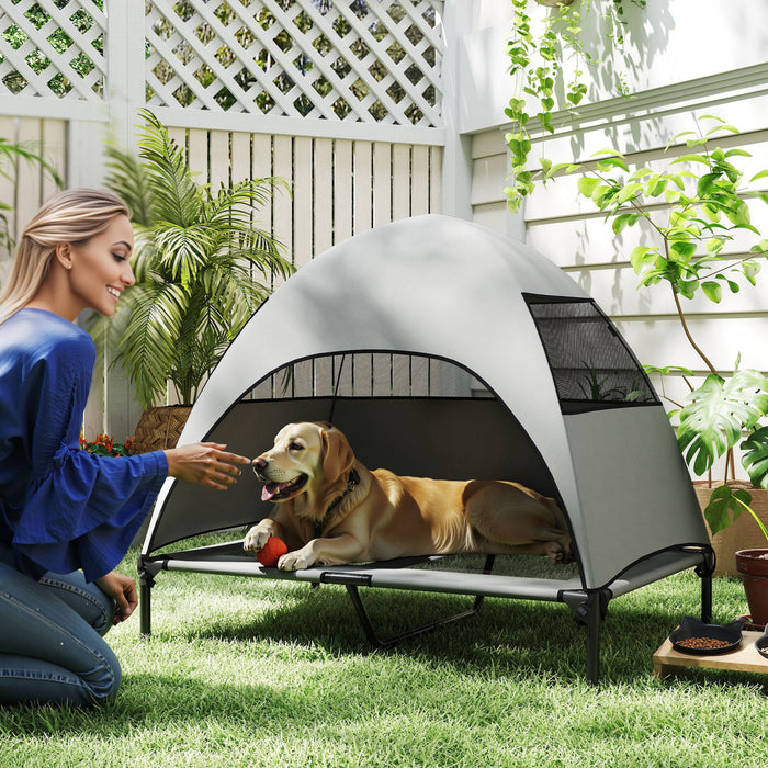 PawHut Outdoor Elevated Dog Bed with Canopy, Cooling Pet Lounger for Large Dogs, Washable Mesh, Steel Frame, Suitable for Camping & Garden, 41.7\" x 29.9\" x 39\", Light Grey