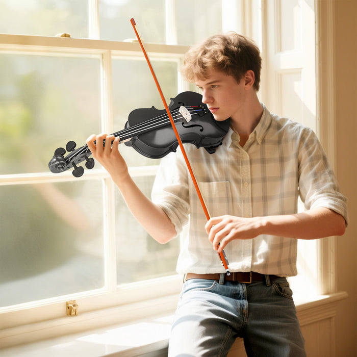 HOMCOM 4/4 Full Size Violin Kit, Musical Instrument Fiddle Kit, Wood Acoustic Violin Set for Beginners, Adults, Students with Bow, Hard Case, Rosin, Bridge, Shoulder Rest, Black
