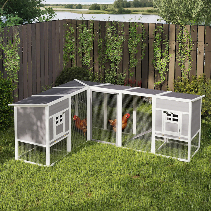 PawHut 99\"L Wooden Chicken Coop, Corner Design Rabbit Hutch with Run and 2 Houses, Outdoor Hen House with Waterproof Roof and Ramps for Backyard, Grey