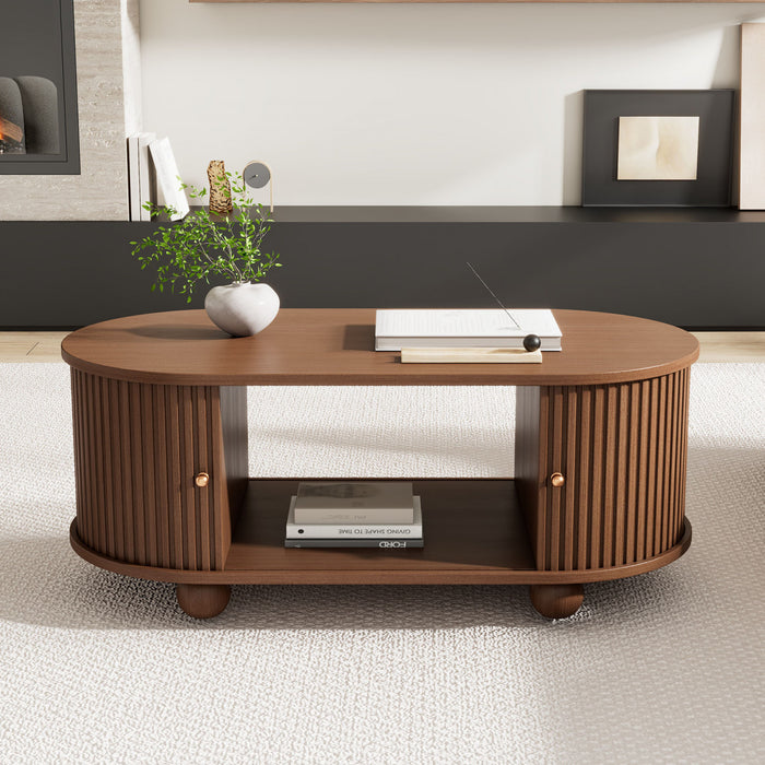 Ethan Oval Coffee Table with Sliding Doors and Hidden Storage,Dark Wood