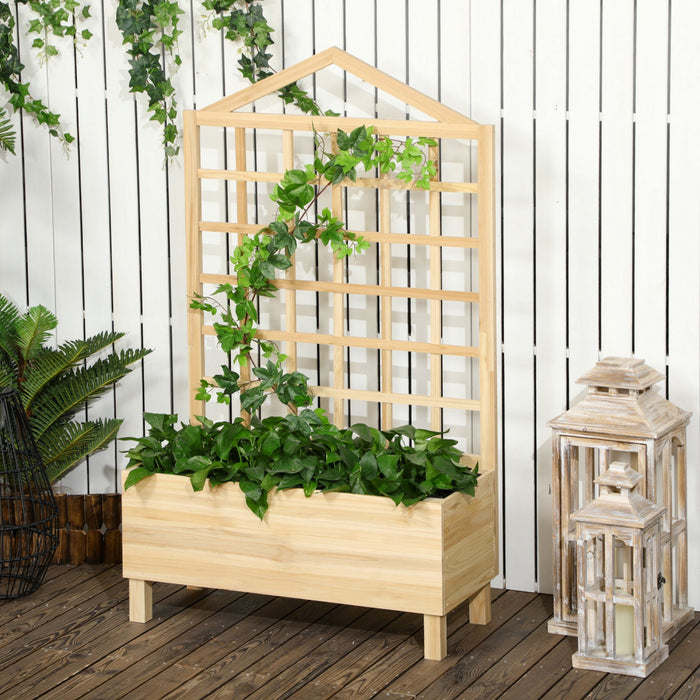 Outsunny Raised Garden Bed With Trellis For Climbing Plants, 59 Inch Wooden Box Planters For Outdoor Plants, Vegetables, Flowers, Herbs, Easy Assembly, Distressed Natural Tone