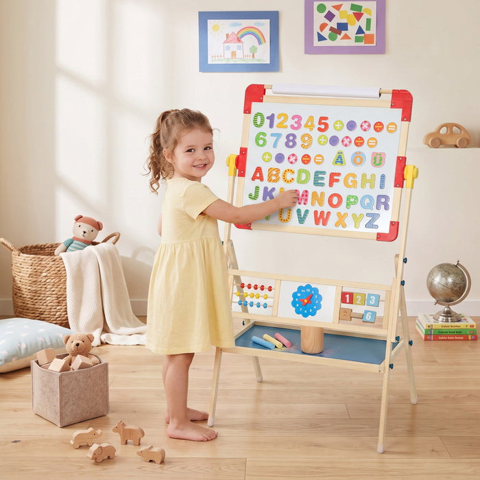 Qaba Art Easel for Kids, 3-in-1 Wooden Standing Kids Easel with Double-Sided Magnetic Whiteboard & Chalkboard, 360° Rotating, Foldable, Gift for Boys, Girls Ages 3-8, Natural