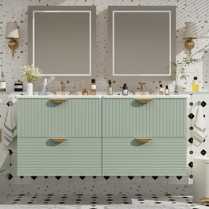 Hugo 48 Inch Modern Wall-Mounted Bathroom Vanity with Drawers, Green