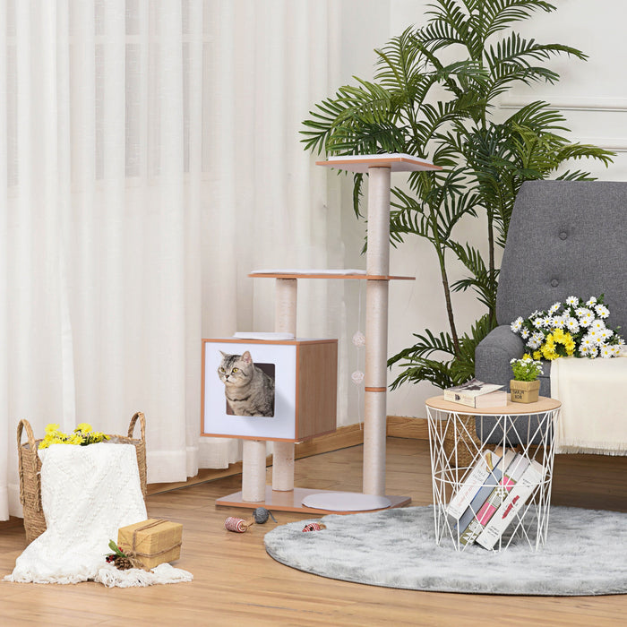 Pawhut 47\" Wood Cat Tree, Cat Condo Tower With Scratching Post, Toy Ball, Natural Wood