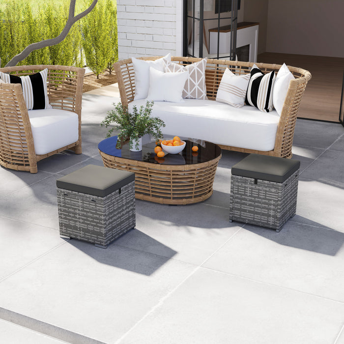 Outsunny 2 Pieces Wicker Outdoor Ottoman with Storage, Cushions, Dark Grey
