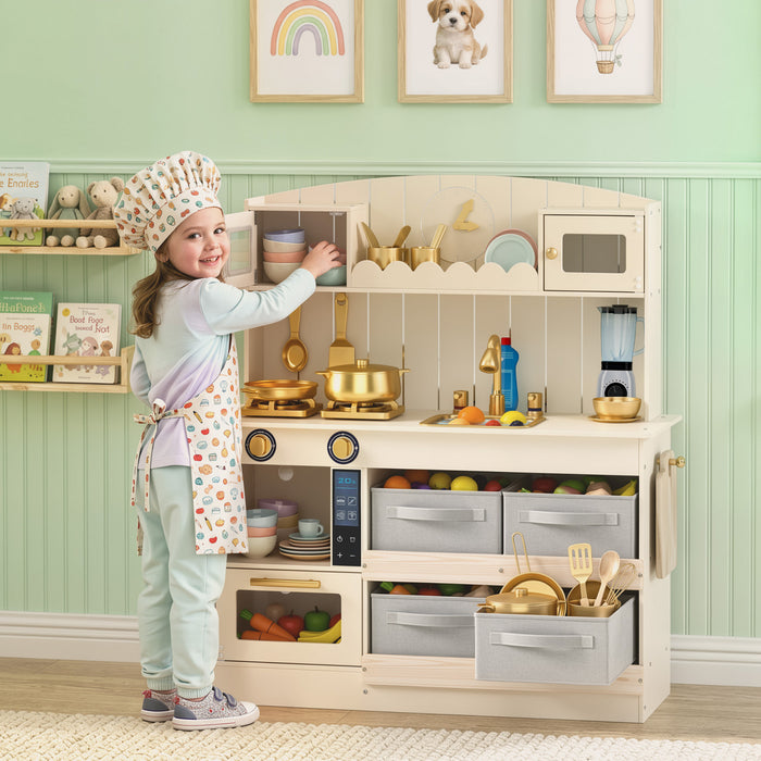 Qaba Wooden Play Kitchen Set for Kids with Real Lights, Sounds, Pretend Toy Play Kitchen Playset with Microwave, Stove, Sink & 12PCs Accessories