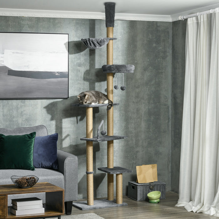 Pawhut floor To Ceiling Cat Tree, 90.5\" - 98.5\" Adjustable height Cat Tower with Scratching Post, Dangling Balls, Platforms, Bed, Hammock, Grey