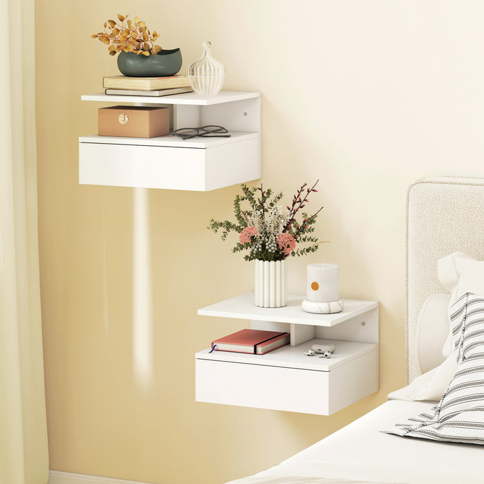 HOMCOM Floating Nightstand Set of 2, Bedside Table with Drawer and Shelf