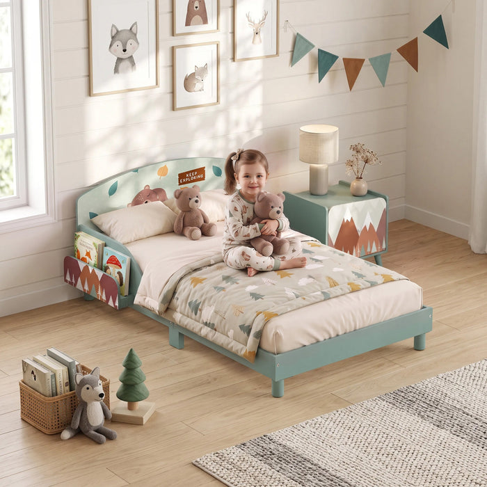 Qaba Toddler Bed with Bedside Storage and Guard Rails, Montessori Bed for Ages 3-8, Fits 132 x 70 x 10 cm Mattress, Green Bear Print