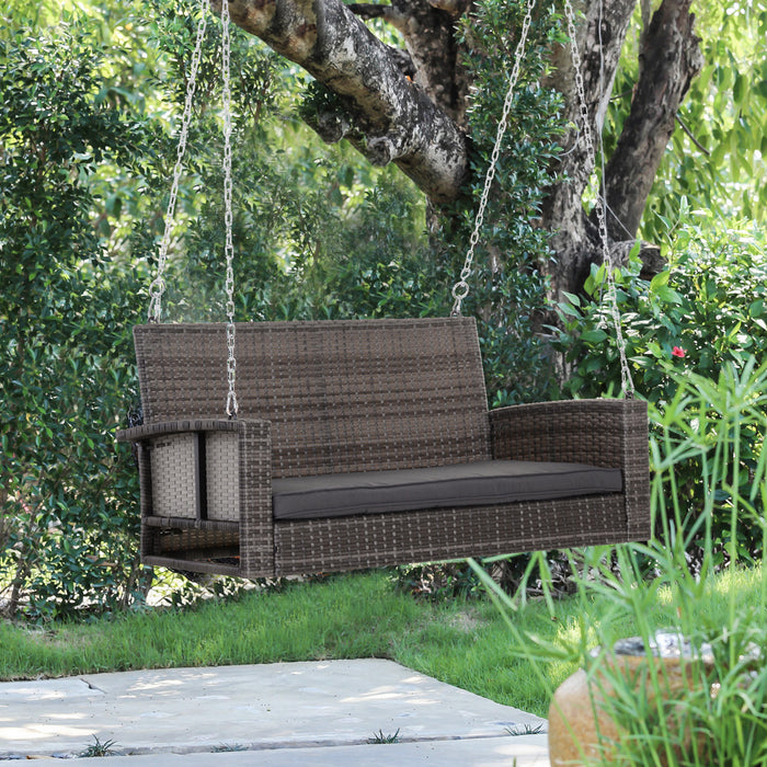 Outsunny 2-person Patio Porch Swing Chair, Outdoor Rattan Hanging Bench With Cushion & 7.2 Ft Steel Chains, Grey