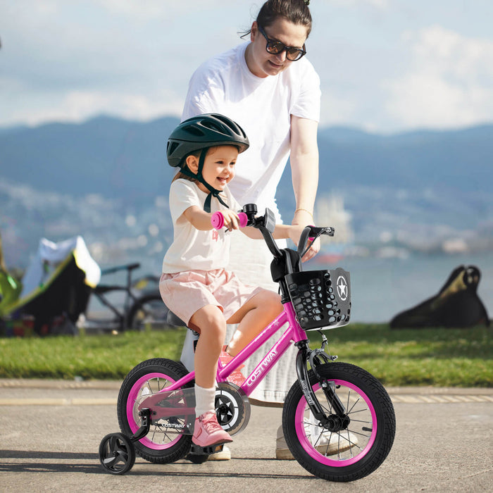 Costway 12\" Kid's Bike With Training Wheels Adjustable Handlebar & Seat Handbrake Pink