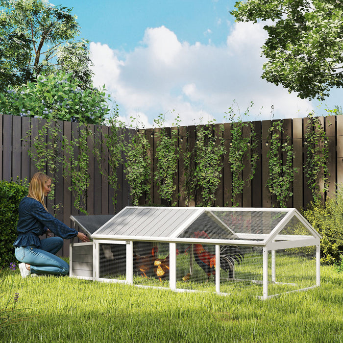 Pawhut 95\"L Large Chicken Run, Wooden Chicken Coop with Nesting Box, Lift-up Top, Side Door and Wooden Roof, Poultry Cage for Outdoor, for 4 to 8 Chickens, Rabbits, Ducks, White