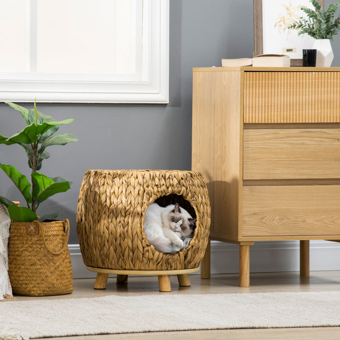 Pawhut Wicker Cat Bed, Rattan Kitten Bed With Washable Cushion, Elevated Pet Bed For Indoor Cats, Light Brown