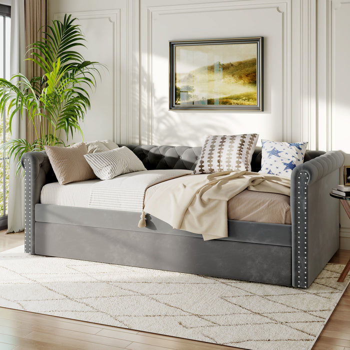 Sophia Tufted Design Upholstered Daybed with Trundle and Comfortable Backrest,Grey