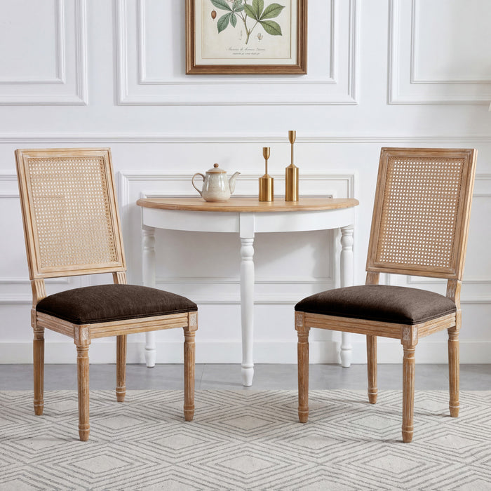 Oliver Solid Wood Rubberwood Dining Chair Set of 2 with Upholstered Seat Cane Backrest and Fluted Legs,Brown