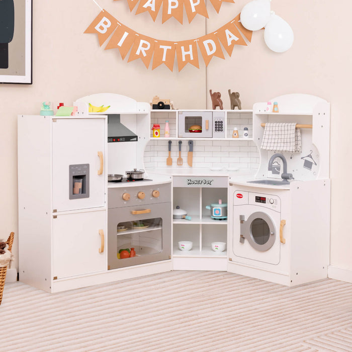 Costway Corner Play Kitchen Toddler Kitchen Playset With Range Hood, Ice Maker, Microwave