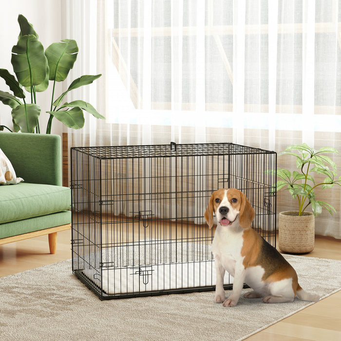PawHut Dog Crate, 35\" Folding Metal Dog Kennel with 2 Doors, Removable Tray, Soft Cushion, Handle, Pet Cage for Large Medium Breeds, Black