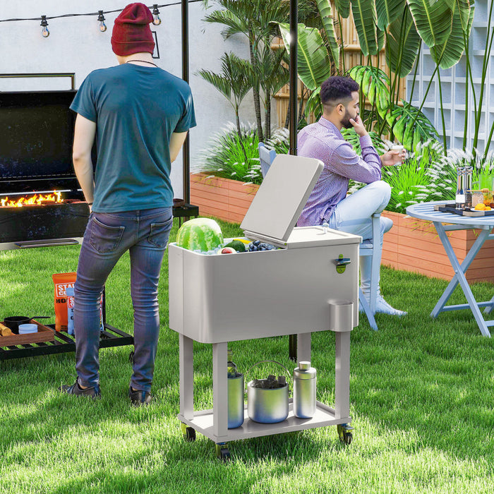 Outsunny 60qt Rolling Patio Cooler Cart, Portable Outdoor Cooler, Silver