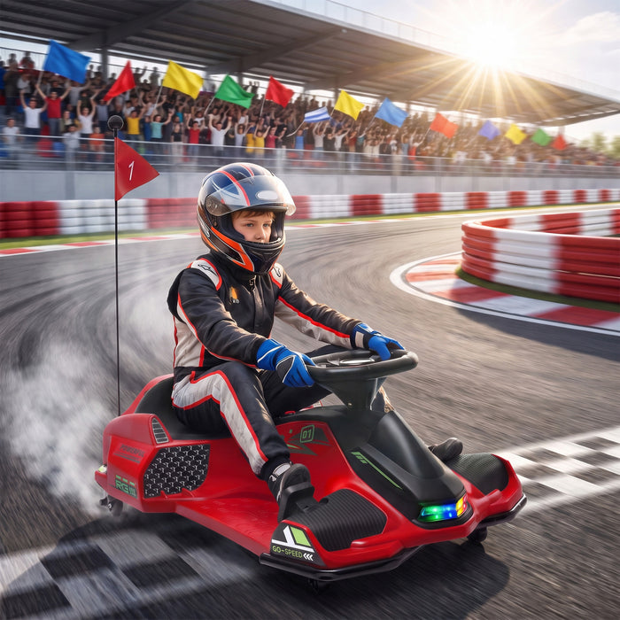 Aosom 12V Electric Go Kart, Battery Powered Drift Cart with 2 Speeds, Soft Start, PU Wheels, 5 MPH High Speed, Ride on Toy with Music, Colourful LED Lights, for Ages 8-12, Red