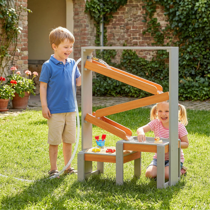 Qaba Wooden Sandbox, Kids Sand and Water Table with Waterway Track and Dual Boxes, Fir Wood Sensory Table for Outdoor Fun, Gift for Boys and Girls Ages 3-8, Grey