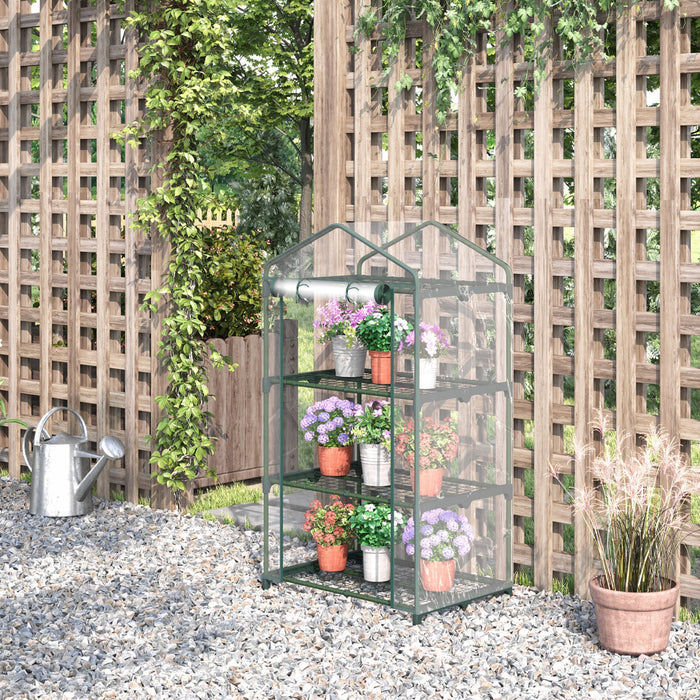 Outsunny 3 Tier Mini Greenhouse Portable Plant Greenhouse With Roll Up Door And Wire Shelves, 27\" X 19\" X 49\", Clear