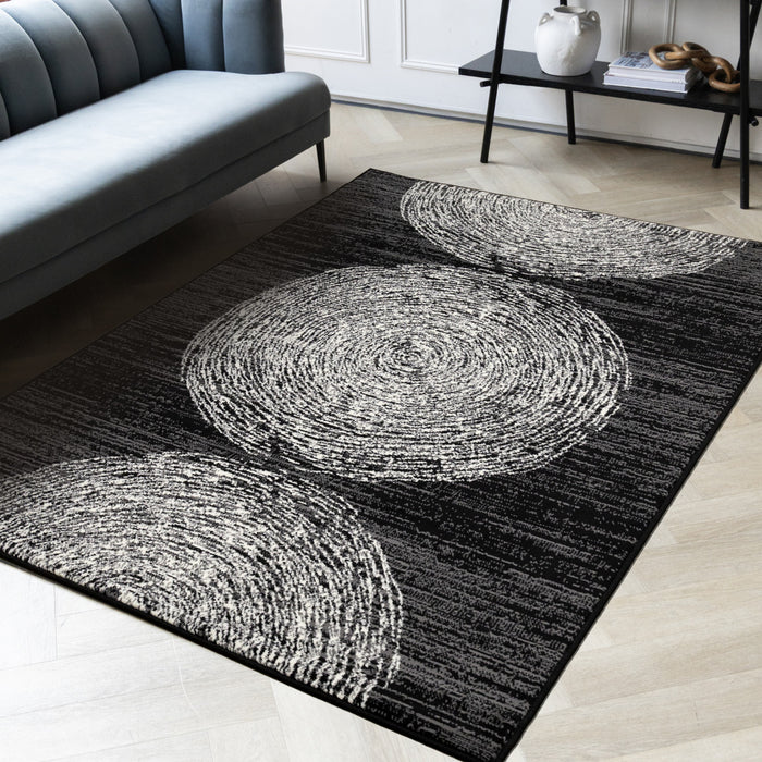 Florence Black Grey White Tree Ring Design Rug, 6'7\" x 9'6\" Indoor Area Rug