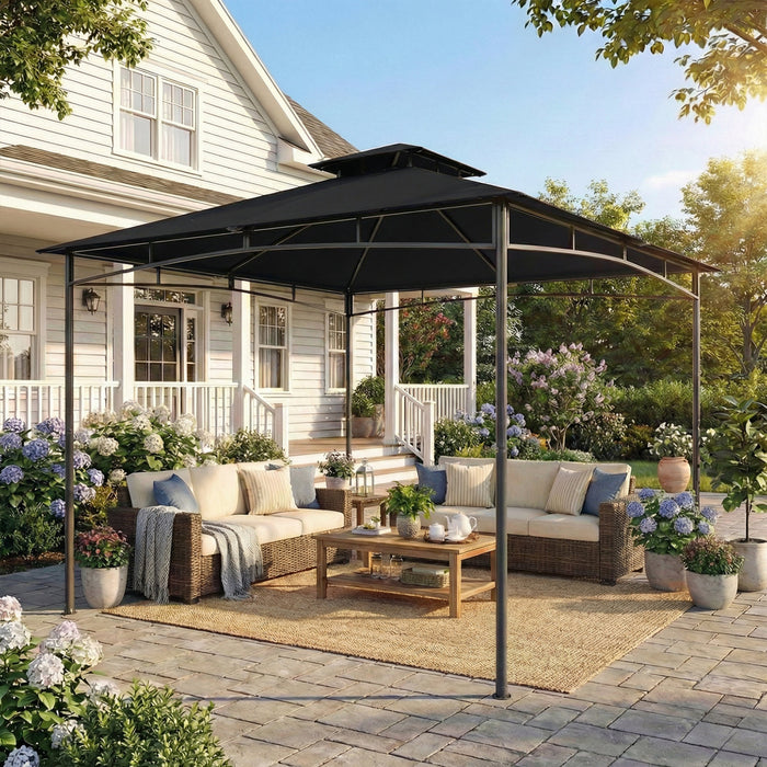 Outsunny 10' x 10' Gazebo, Soft Top Garden Gazebo with 2-Tier Roof, Black