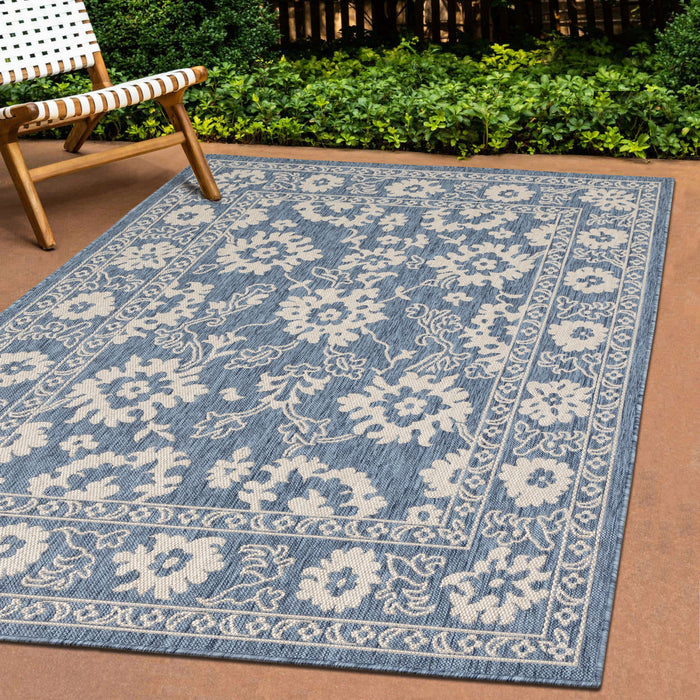 Cabana Blue White Elegant Border Outdoor Rug, 5'3\" x 7'7\" Outdoor Area Rug