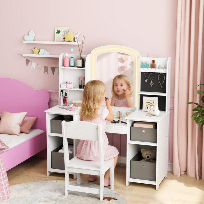 Qaba Kids Vanity Set, Girls Vanity Table and Chair with Lighted Mirror, Cabinet, Fabric Bins, Shelves and Jewellery Hooks, Pretend Makeup Playset for Kids Room, White
