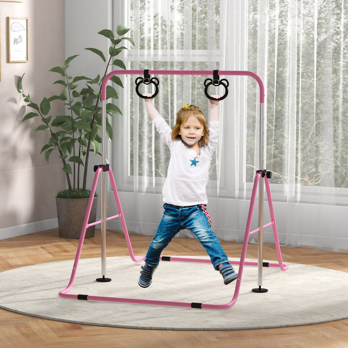 Qaba Gymnastics Bar For Kids, 35\"-50\" Adjustable Height Foldable Horizontal Bar With Gymnastics Rings, Non-slip Rubber Floor Rings, For Home Training Equipment, Pink
