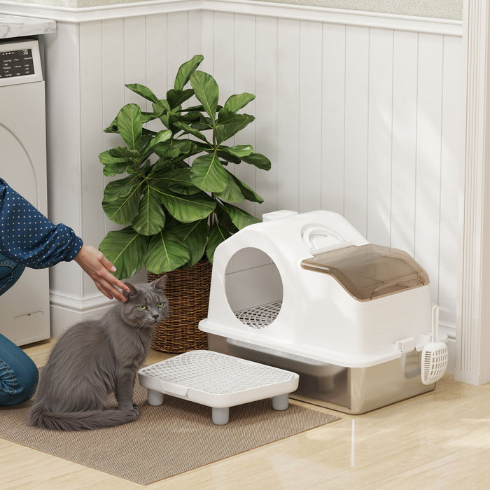 Pawhut Stainless Steel Cat Litter Box With Removable Lid, Extra Large Enclosed Litter Box With High Sided, Mats, Scoop, Odor Free, Non-sticky, Anti-leakage, Easy Clean, For Big Cat