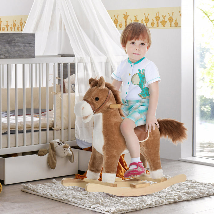 Qaba Rocking Horse Plush Animal On Wooden Rockers With Sounds, Wooden Base, Baby Rocking Chair For 36-72 Months, Brown