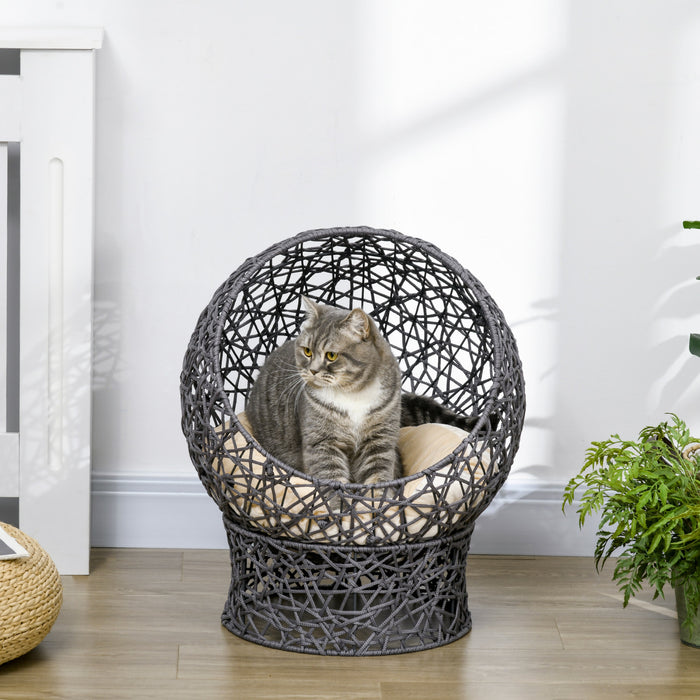PawHut Cat Bed, Elevated Rope Weave Cat Egg Chair with Cushion, Handwoven Kitty House with Stand for Indoor Kittens, Violet