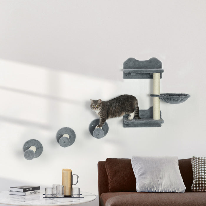 Pawhut 4pcs Cat Wall Shelf With Scratching Posts, Hammock, Setps, Platforms, Cat Shelves For Relaxing, Sleeping, Jumping, Cat Wall Climber For Indoor Cats, Grey