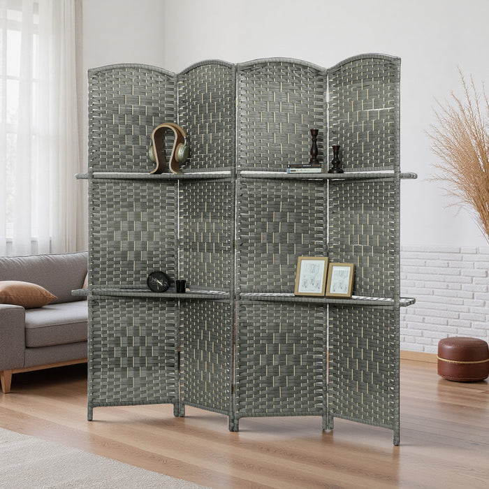 HOMCOM Folding Privacy Screen with Shelves, 4 Panel Room Divider, Grey