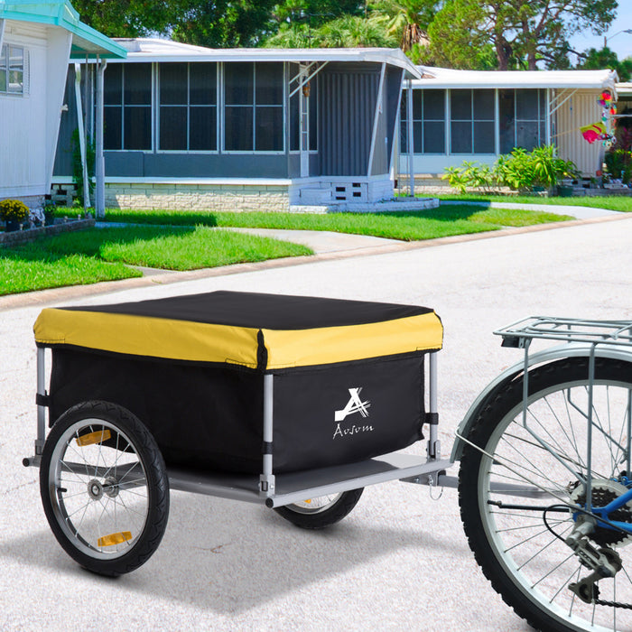 Aosom Bicycle Trailer Bike Cargo Trailer Garden Utility Cart Tool Carrier With Removable Cover, Yellow