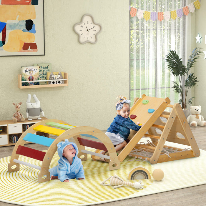 Qaba Pikler Triangle Set, 7 In 1 Climbing Toys For Toddlers Indoor, Montessori Climbing Set, Wooden Jungle Gym For Kids, With Ramp, Arch Ladder, For 18-48 Months, Multicolour