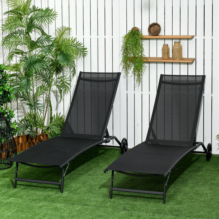 Outsunny 2pcs Lounge Chairs With Wheels, 5-level Adjustable Backrest, Black