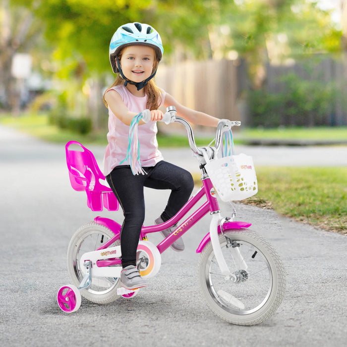 Costway 14\" Kids Bike With Training Wheels Doll Seat Basket Streamers Hand Brake Pink