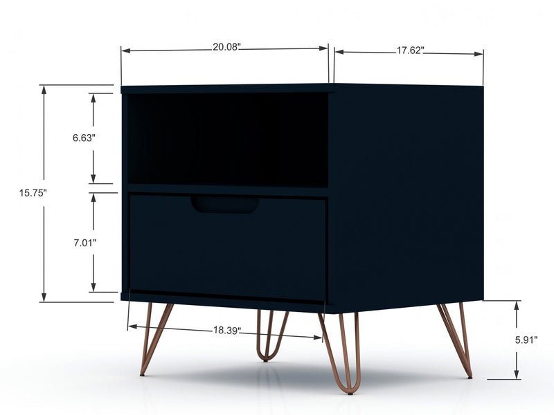 Rockefeller Mid-Century Modern 20\" Nightstand in Midnight Blue (1-Drawer) - Set of 2
