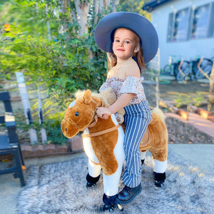 Qaba Kids Rocking Horse, Large Walking Ride On Toy For Toddlers 3 Year Old, Baby Plush Animal Rocker With Sound And Wheel, Brown