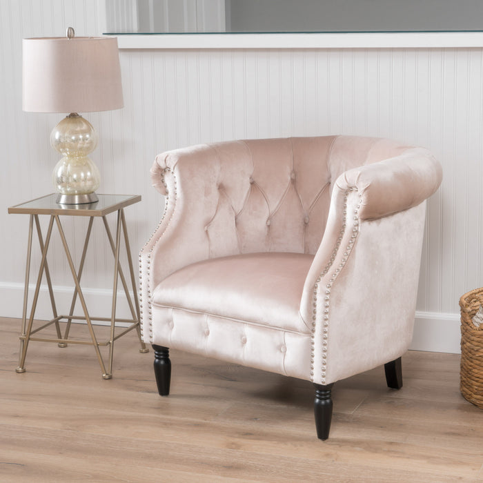 Akira Velvet Fabric Chair With Button Tufted And Nailhead Trim - Champagne