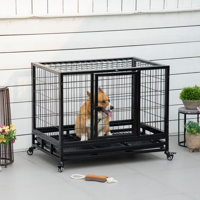 Pawhut Heavy Duty Dog Crate Cage For Large Medium Dogs With Two Doors, Lockable Wheels Tray, 36\" X 24\" X 29.5\"