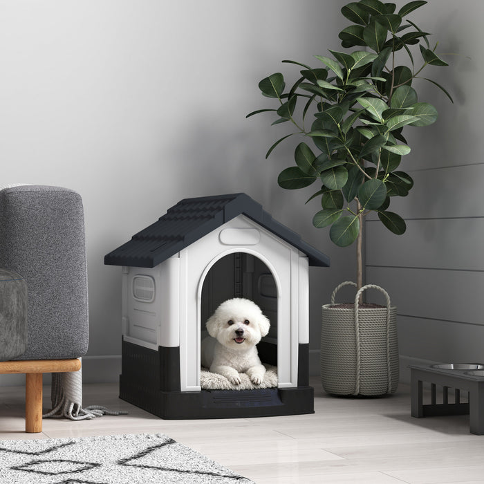 PawHut Outdoor Dog House, Plastic Dog Kennel, Water-Resistant Pet Shelter with Windows, Base Support for Garden Patio, Miniature Dogs, 64.5 x 57 x 66cm - Dark Grey