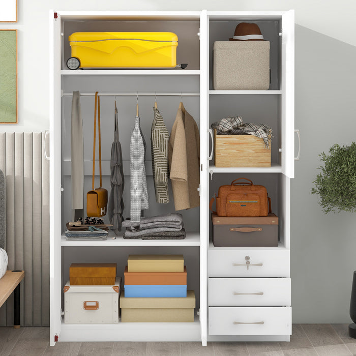 Lydia 47.2\" 2-doors Wooden Wardrobe Storage With Shelves And 3 Drawers, White